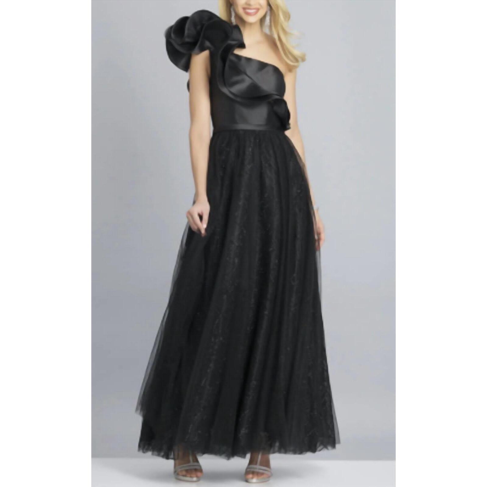 New Dave & Johnny One Shoulder Satin And Tulle Gown In Black